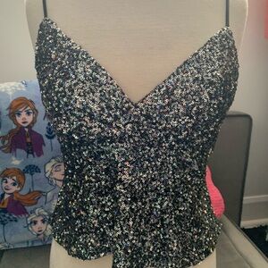 Monteau Los Angeles Black Sequin V-Neck Cami Top NWOT size M